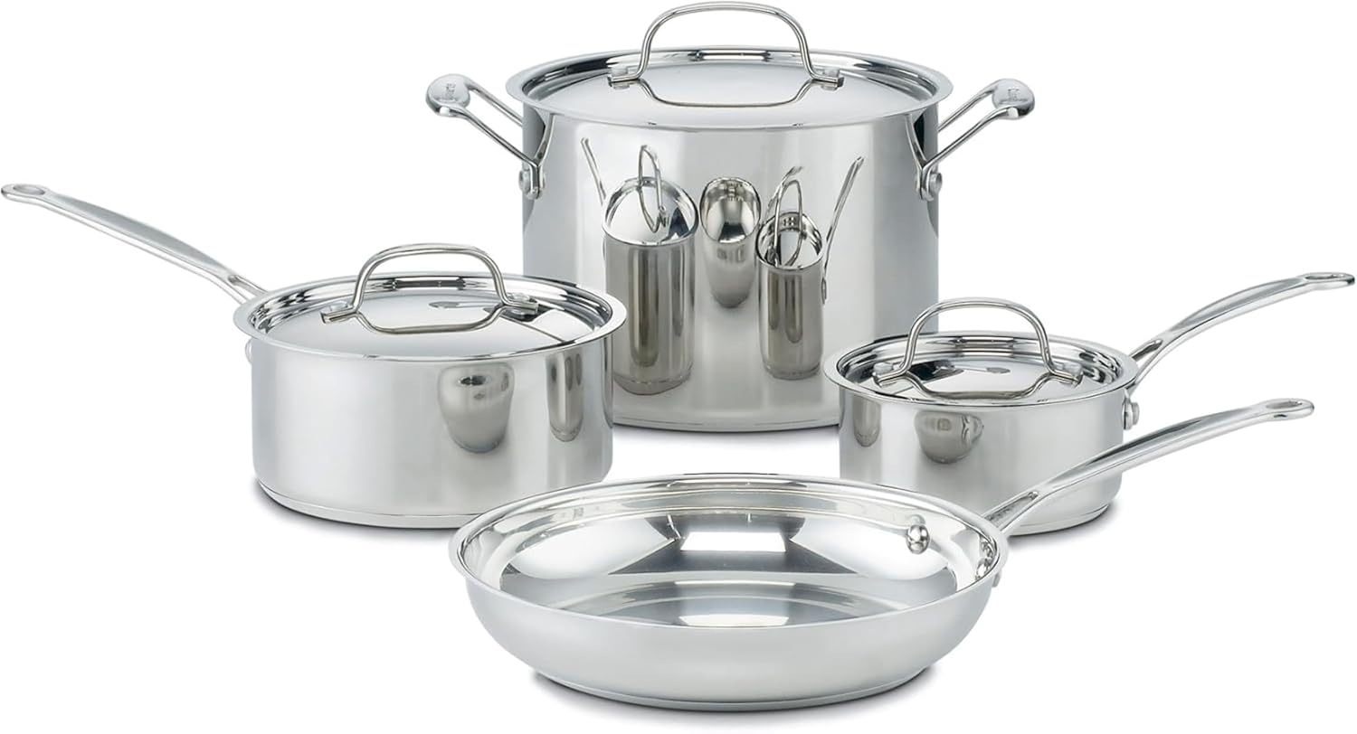 Cuisinart-7-Piece-Stainless-Steel-Pots-and-Pans-Set-Cookware-Set.jpg Cuisinart 7-Piece Stainless Steel Pots and Pans Set, Cookware Set Compatible with Induction, Electric, Gas Cooktops, Aluminum Core for Quick Even Heat, Cool Grip Handles, Dishwasher Safe, Oven Safe - Image 1