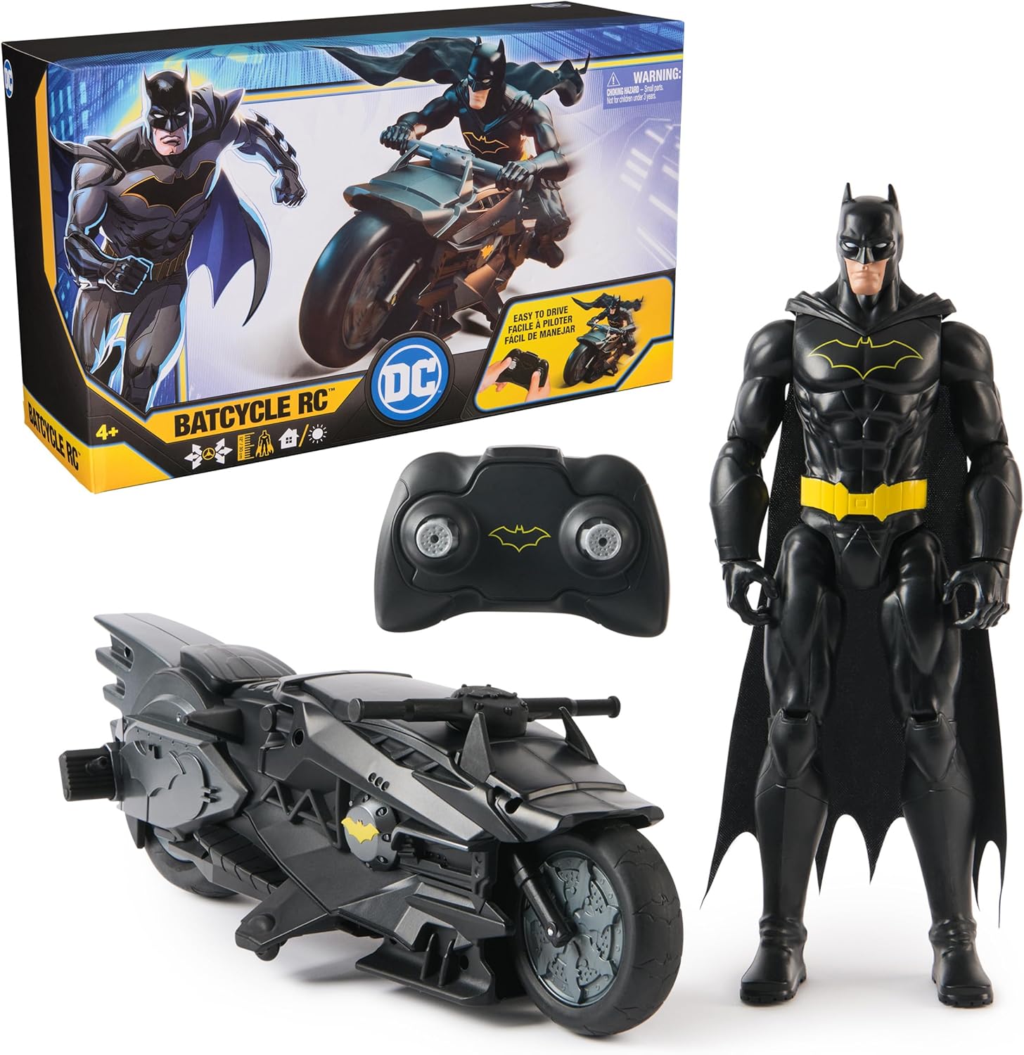 DC-Comics-Batman-Stealth-Remote-Control-Batcycle-with-12-Batman.jpg DC Comics, Batman Stealth Remote Control Batcycle with 12" Batman Action Figure, Super Hero Kids Toys for Boys and Girls Ages 4 & Up | 12" Action Figure with Cloth Cape, Easy to Use Remote, RC Bike Superhero Toy, Gifts for Kids & Collectors Ages 4+ - Image 1