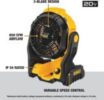 DEWALT 20V MAX Portable Fan, Battery Powered Rechargeable Cordless Shop Fan, Up to 4.5 Hrs Runtime, Variable Speed, 650 CFM, Tool Only (DCE512B) - Image 2