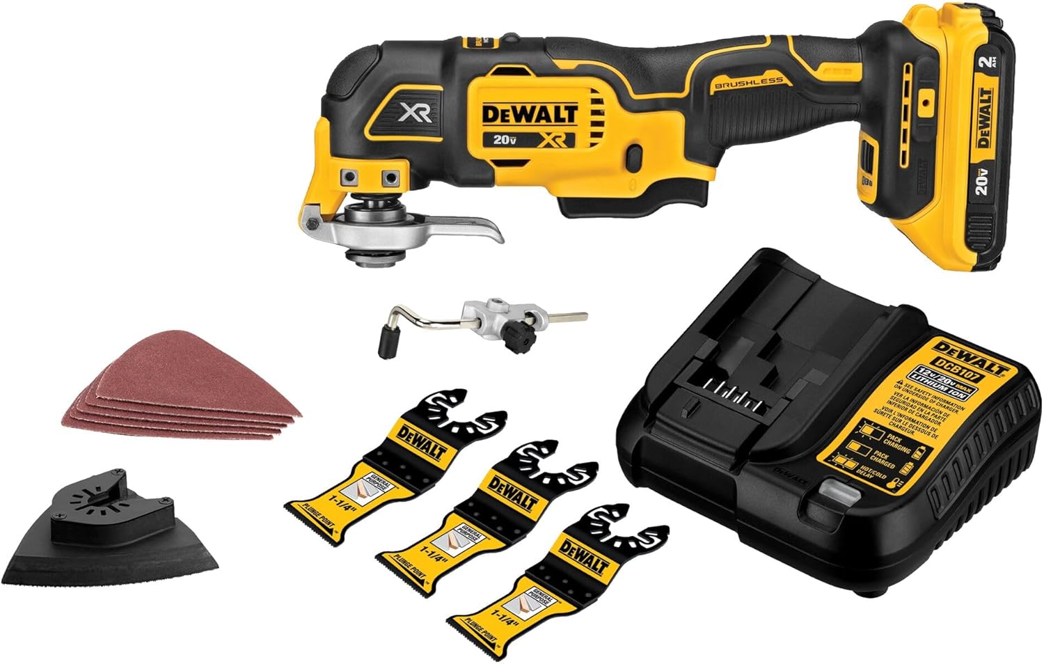 DEWALT-20V-MAX-XR-Oscillating-Multi-Tool-Kit-Oscillating-Tool-Accessories.jpg DEWALT 20V MAX XR Oscillating Multi-Tool Kit, Oscillating Tool Accessories, Cordless, 3-Speed, Quick Blade Change, Sand Paper, Blades, Battery and Charger Included (DCS356D1) - Image 1
