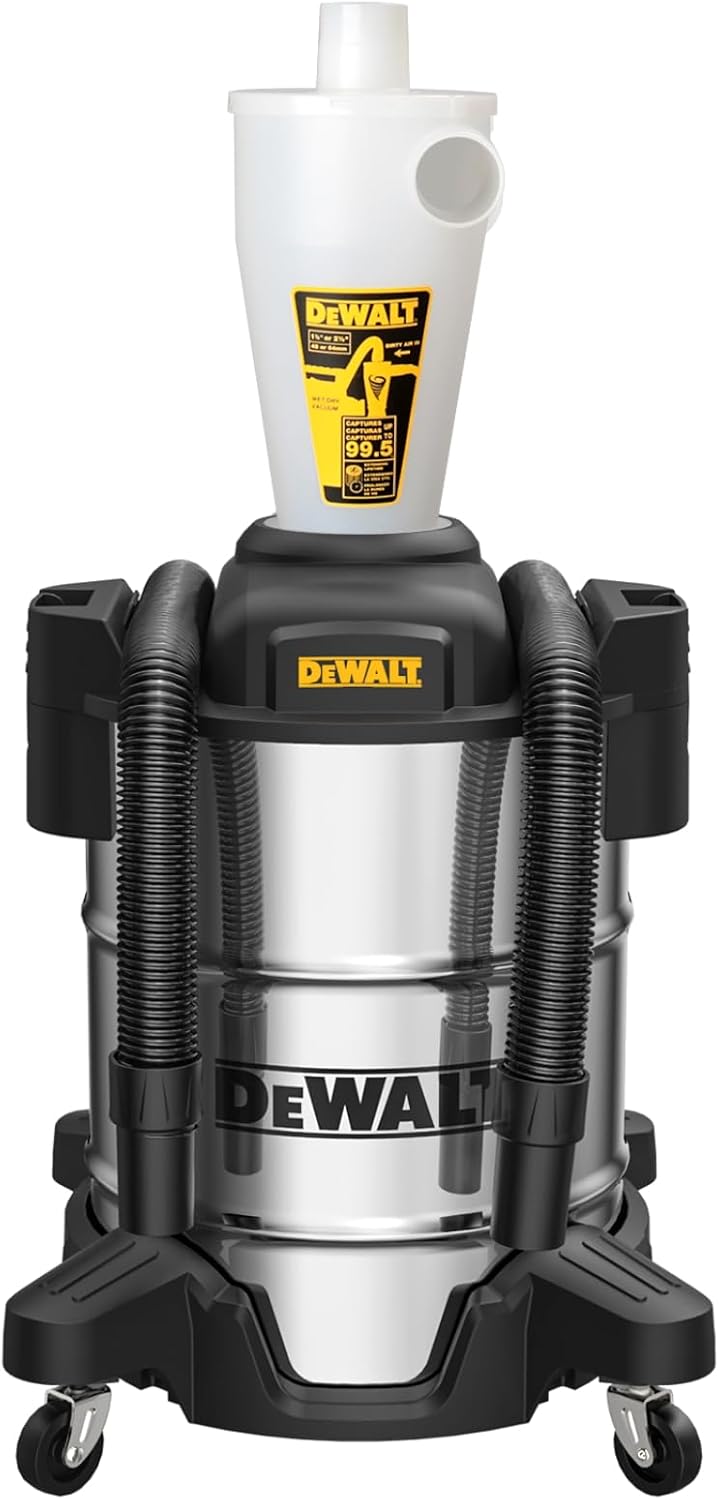 DEWALT-Dust-Separator-with-10-Gallon-Stainless-Steel-Tank-995.jpg DEWALT Dust Separator with 10 Gallon Stainless Steel Tank, 99.5% Efficiency Cyclone Dust Collector, High-Performance Cycle Powder Collector Filter, DXVCS003, White - Image 1