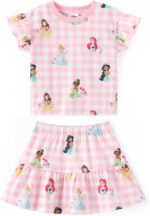 Disney Frozen Elsa Minnie Mouse Stitch Princess Girls' Skirt Sets Ruffle Short Sleeve Clothes 2pcs Outfits Summer Dress 2-9Y