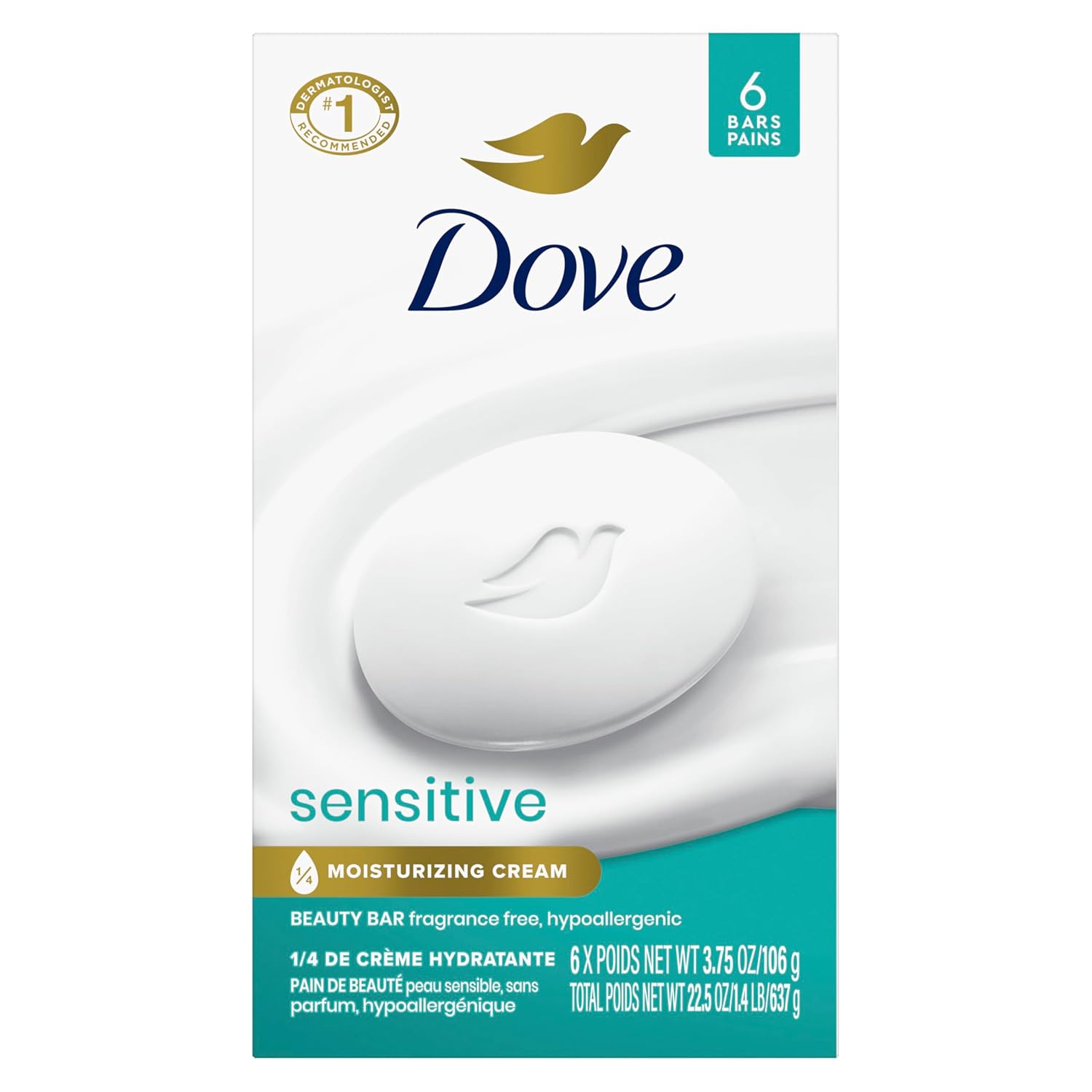Dove-Beauty-Bar-Soap-Sensitive-6-Bars-for-Sensitive-Skin.jpg Dove Beauty Bar Soap Sensitive, 6 Bars for Sensitive Skin, Fragrance Free and Hypoallergenic 3.75 oz - Image 1