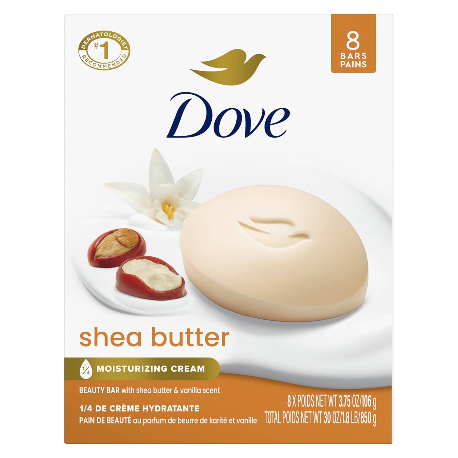 Dove-Shea-Butter-Beauty-Bar-Soap-8-Count-Nourishing-Cleanser.jpg Dove Shea Butter Beauty Bar Soap 8 Count, Nourishing Cleanser, 3.75 oz I Moisturizing beauty bar with ¼ moisturizing cream and shea butter for soft, radiant skin - Image 1