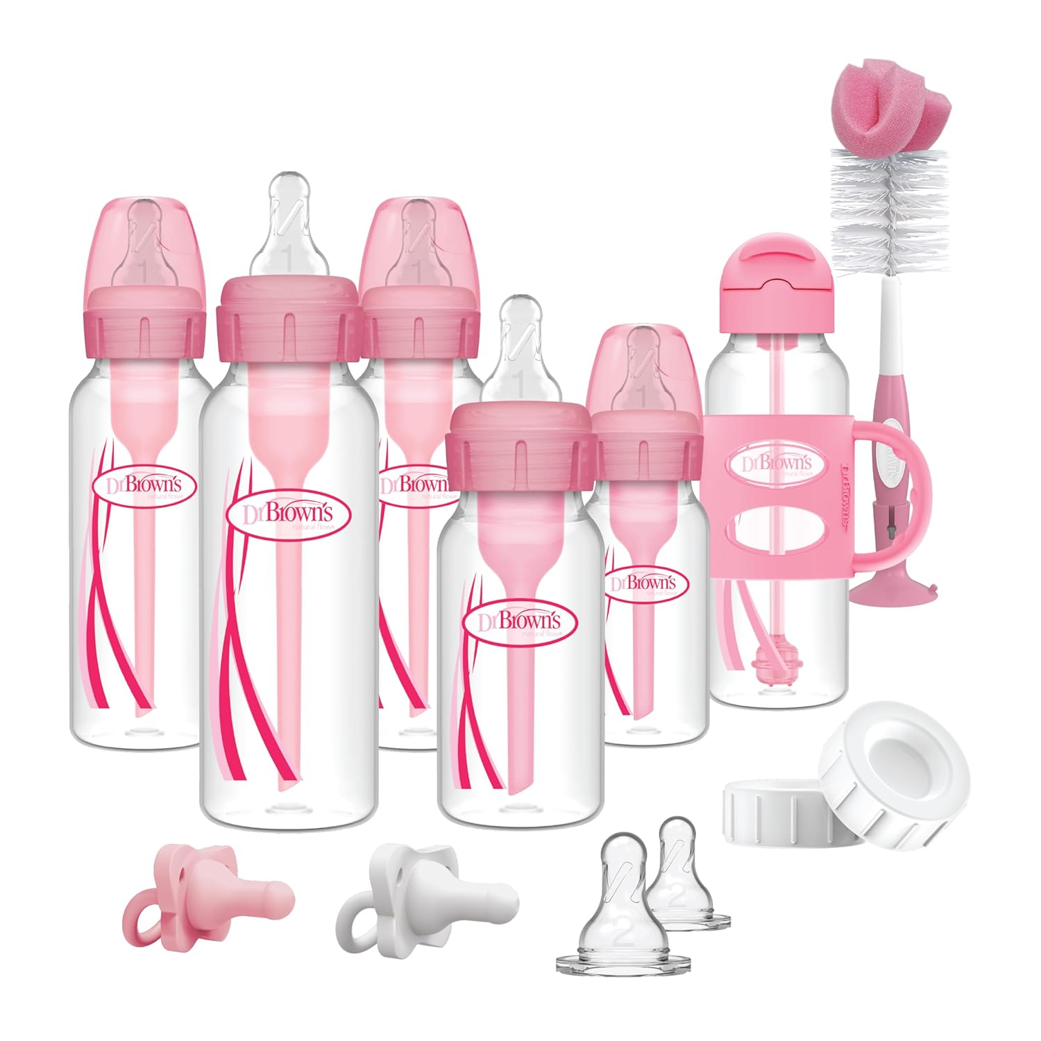 Dr-Browns-Anti-Colic-Options-Narrow-Bottle-Gift-Set-with-Sippy.jpg Dr. Brown's Anti-Colic Options+ Narrow Bottle Gift Set with Sippy Straw Bottle, HappyPaci Silicone Pacifiers, Storage/Travel Caps, and Bottle Brush, Pink - Image 1