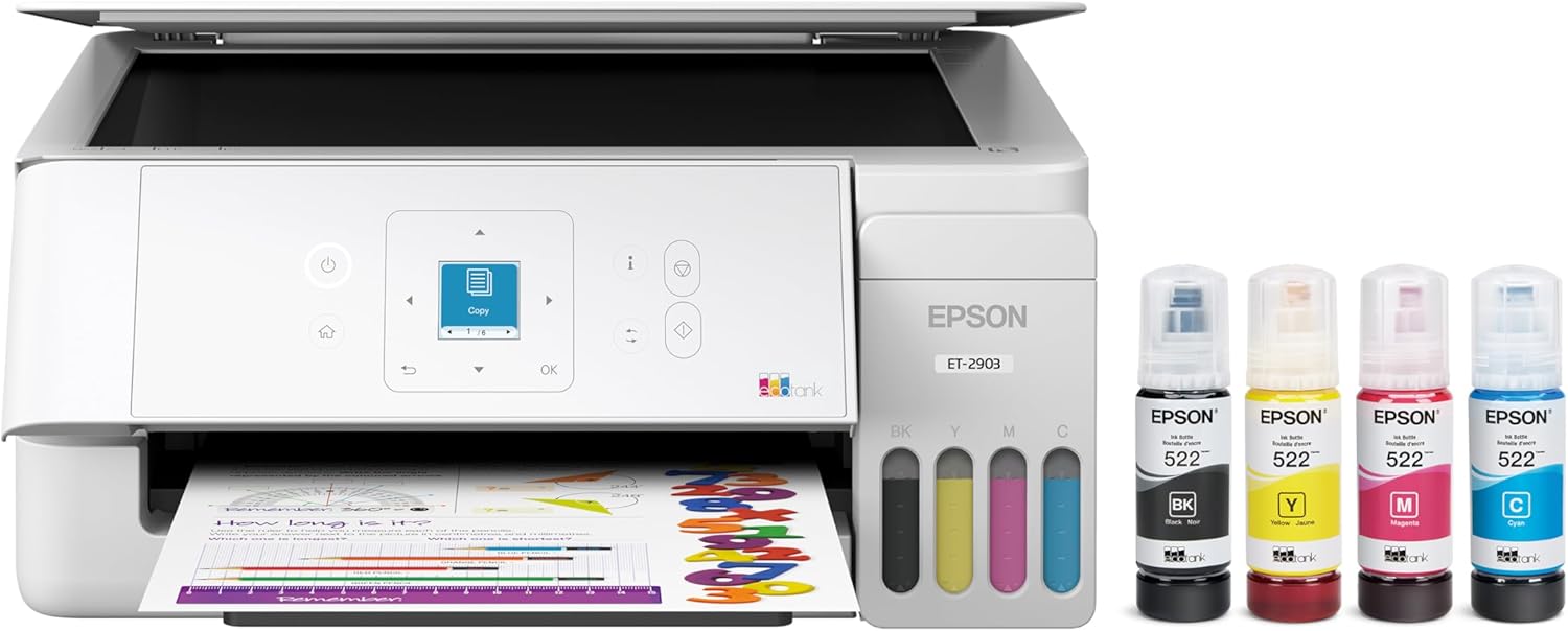 Epson-EcoTank-ET-2903-Wireless-All-in-One-Color-Supertank-Printer-with-up.jpg Epson EcoTank ET-2903 Wireless All-in-One Color Supertank Printer with up to 3 Years of Ink, Refillable Tanks, Perfect for Home, 11 PPM, 1.44" Color Screen, Built-in Scanner – White - Image 1