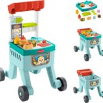 Fisher-Price Baby Push Toy 4-in-1 Snack Cart Walker Learning Activity, 14 Pieces for Pretend Play Infants Ages 6+ Months, Multilanguage Version