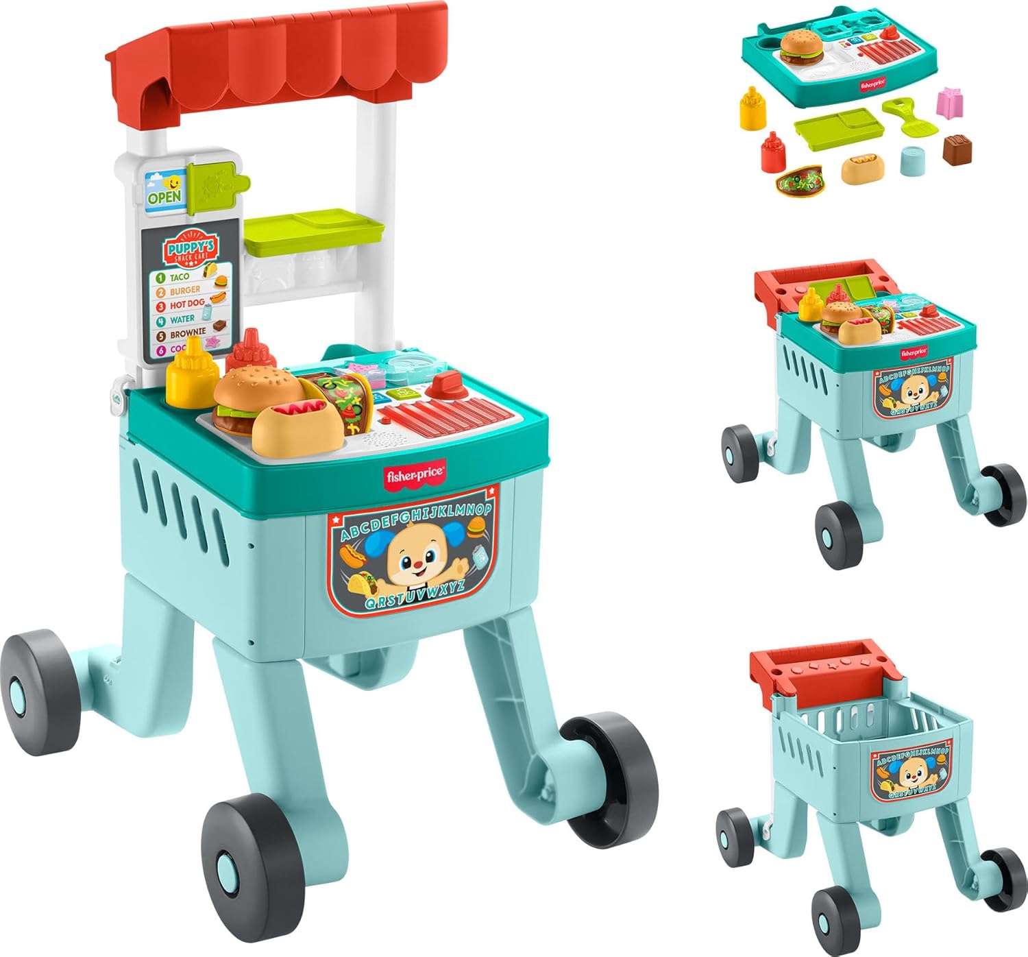 Fisher-Price-Baby-Push-Toy-4-in-1-Snack-Cart-Walker-Learning-Activity.jpg Fisher-Price Baby Push Toy 4-in-1 Snack Cart Walker Learning Activity, 14 Pieces for Pretend Play Infants Ages 6+ Months, Multilanguage Version - Image 1