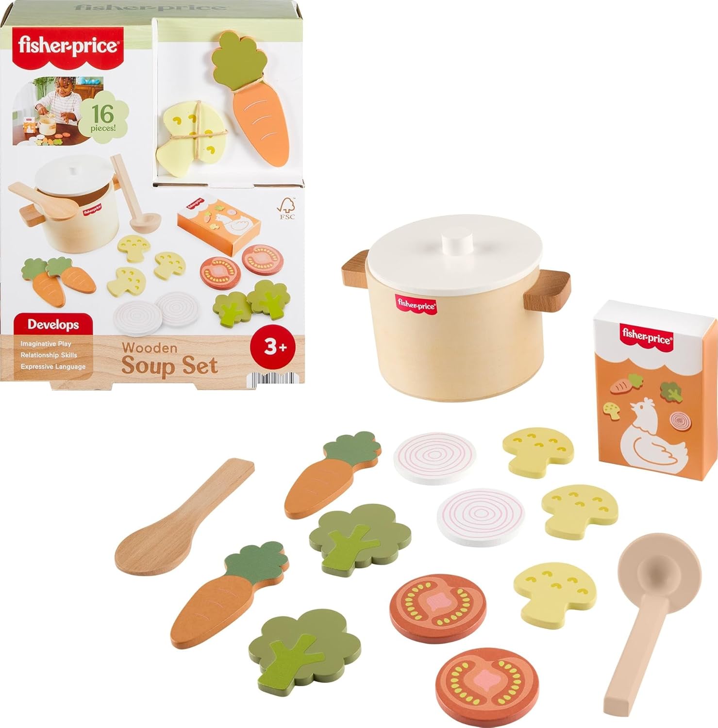 Fisher-Price-Tiny-Garden-Wooden-Soup-Pretend-Cooking-Playset-16-Piece.jpg Fisher-Price Tiny Garden Wooden Soup Pretend Cooking Playset | 16-Piece Wood Play Food Veggies and Accessories, Kitchen Toys for Preschool Kids Ages 3+ Years (Amazon Exclusive) - Image 1