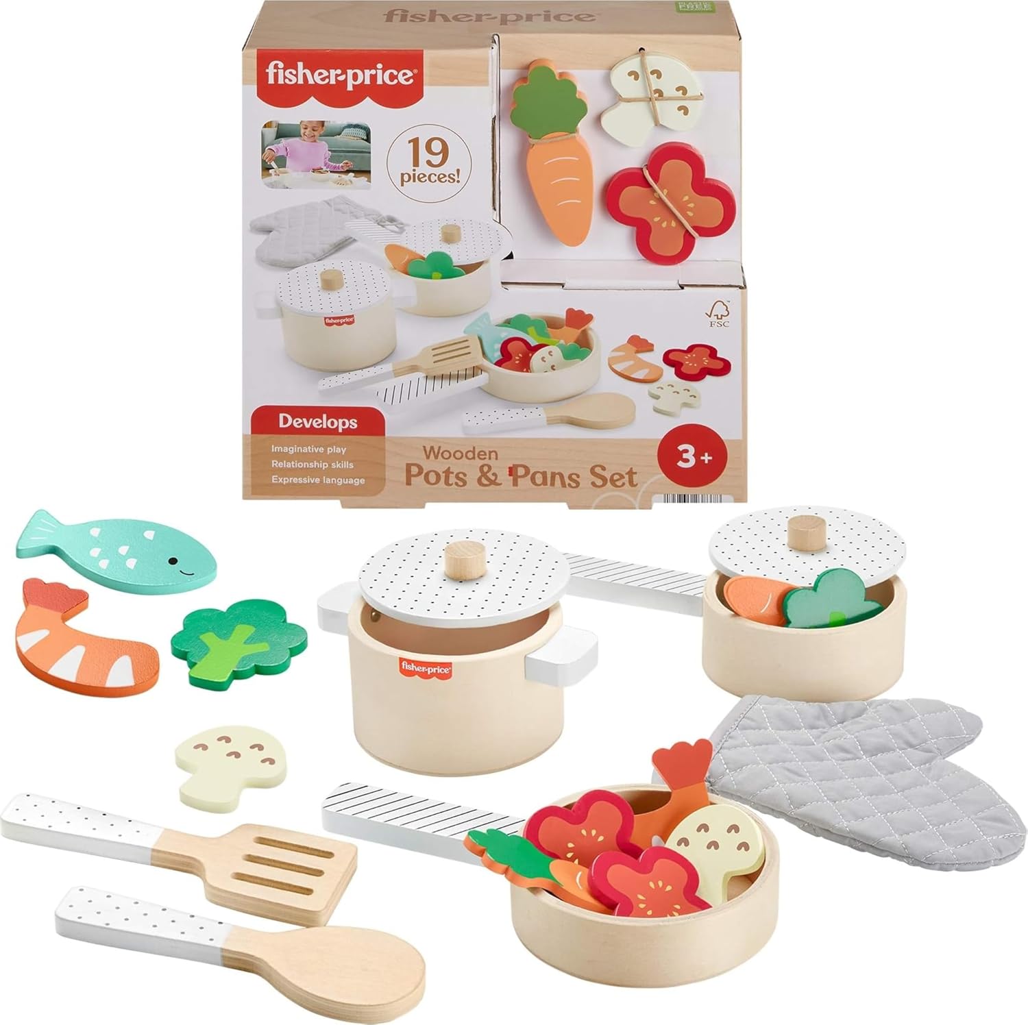 Fisher-Price-Wood-Kitchen-Pretend-Play-Toy-Pots-Pans-Set.jpg Fisher-Price Wood Kitchen Pretend Play Toy Pots & Pans Set, 19-Piece Playset Wooden, Metal & Fabric for Preschool Kids Ages 3+ Years - Image 1