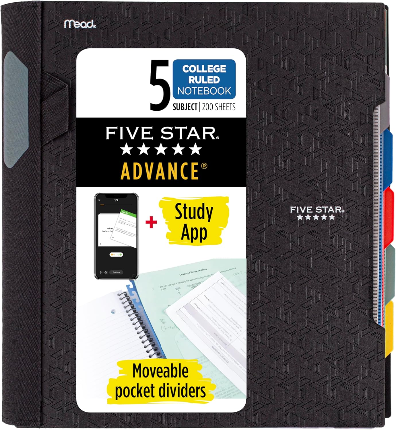 Five-Star-Advance-Spiral-Notebook-Study-App-5-Subject.jpg Five Star Advance Spiral Notebook + Study App, 5 Subject, College Ruled Paper, 8-1/2" x 11", 200 Sheets, Spiral Guard, Movable Tabbed Dividers, Black (73144) - Image 1