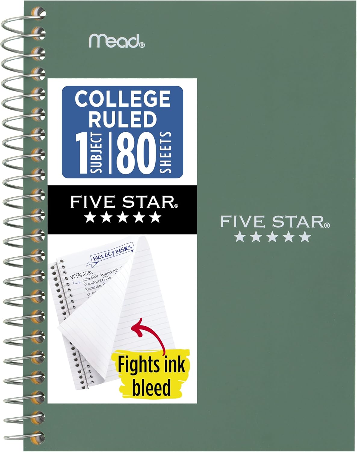 Five-Star-Spiral-Notebook-1-Subject-College-Ruled-Paper-4-38.jpg Five Star Spiral Notebook, 1 Subject, College Ruled Paper, 4-3/8" x 7", Personal Size, 80 Sheets, Fights Ink Bleed, Water Resistant Cover, Seaglass Green (450048CH1-ECM) - Image 1