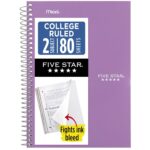 Five Star Spiral Notebook, 2 Subject, College Ruled Paper, 6" x 9-1/2", 80 Sheets, Fights Ink Bleed, Water Resistant Cover, Amethyst Purple (840029CF1-ECM)