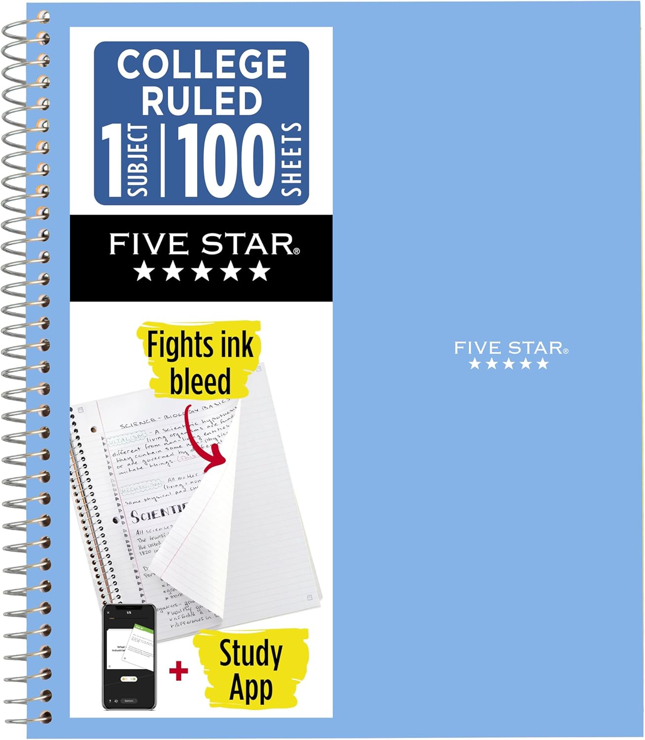Five-Star-Spiral-Notebook-Study-App-1-Subject-College.jpg Five Star Spiral Notebook + Study App, 1 Subject, College Ruled Paper, 8.5" x 11", 100 Sheets, Blue (Color May Vary) (72565) - Image 1