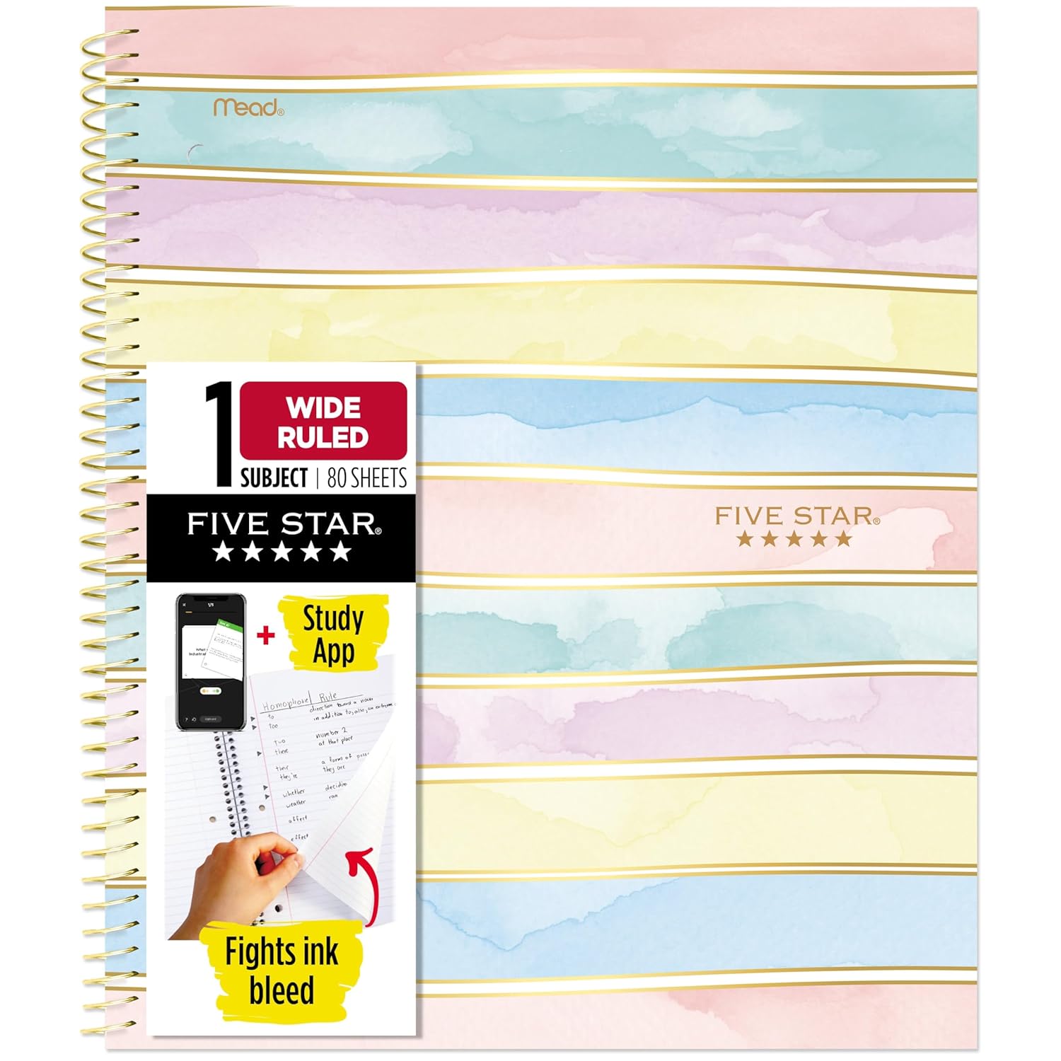 Five-Star-Spiral-Notebook-Study-App-1-Subject-Wide.jpg Five Star Spiral Notebook + Study App, 1 Subject, Wide Ruled, 8" x 10-1/2", 80 Sheets, Fights Ink Bleed, Water Resistant Cover, Pastel Stripes (930209F-ECM) - Image 1