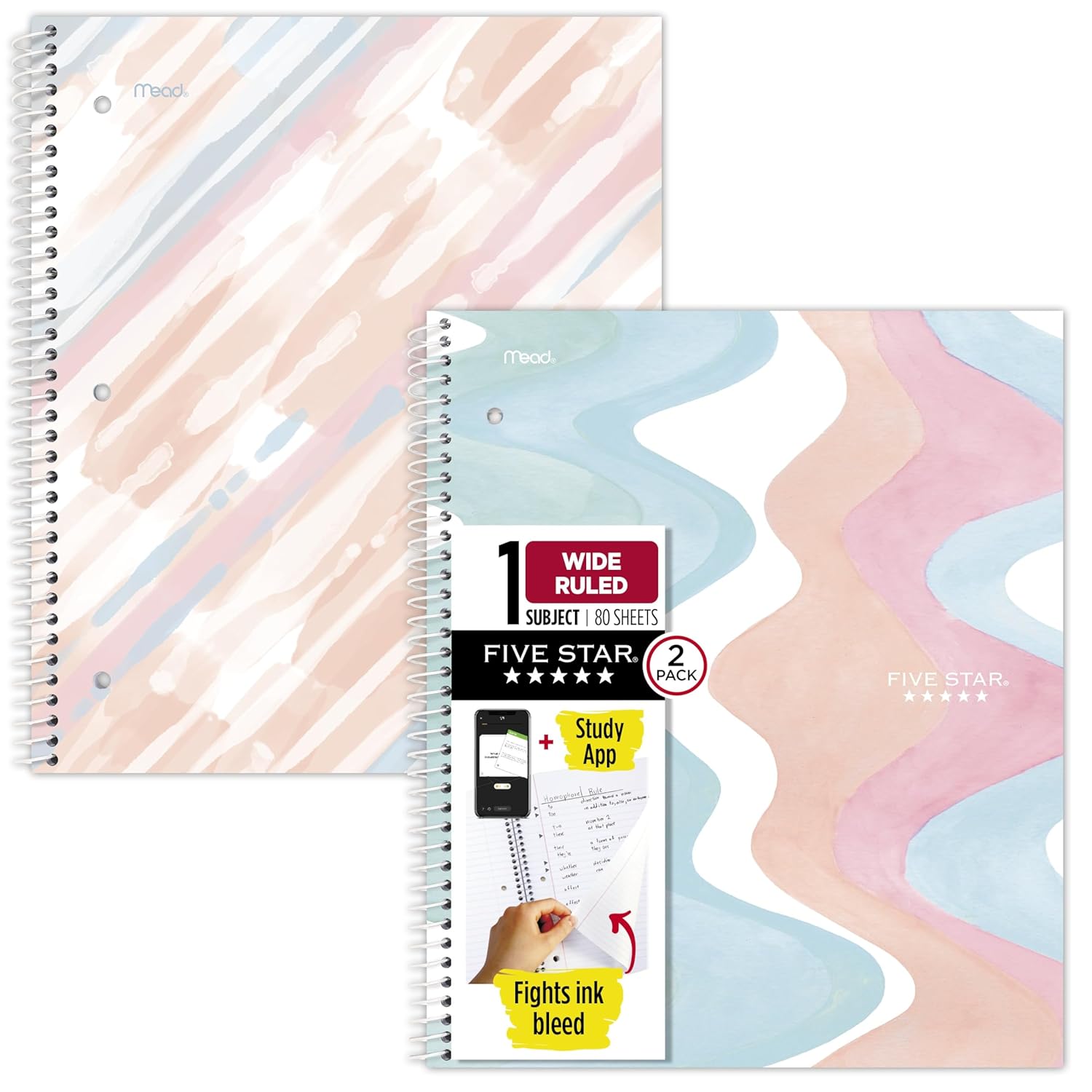 Five-Star-Spiral-Notebook-Study-App-2-Pack-1.jpg Five Star Spiral Notebook + Study App, 2 Pack, 1 Subject, Wide Ruled, 8" x 10-1/2", 80 Sheets, Fights Ink Bleed, Water Resistant Cover, Pastel Waves and Brush Strokes (930210F-ECM) - Image 1