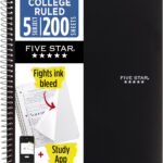 Five Star Spiral Notebook + Study App, 5 Subject, College Ruled Paper, 8-1/2" x 11", 200 Sheets, Fights Ink Bleed, Water Resistant Cover, Black (72081)