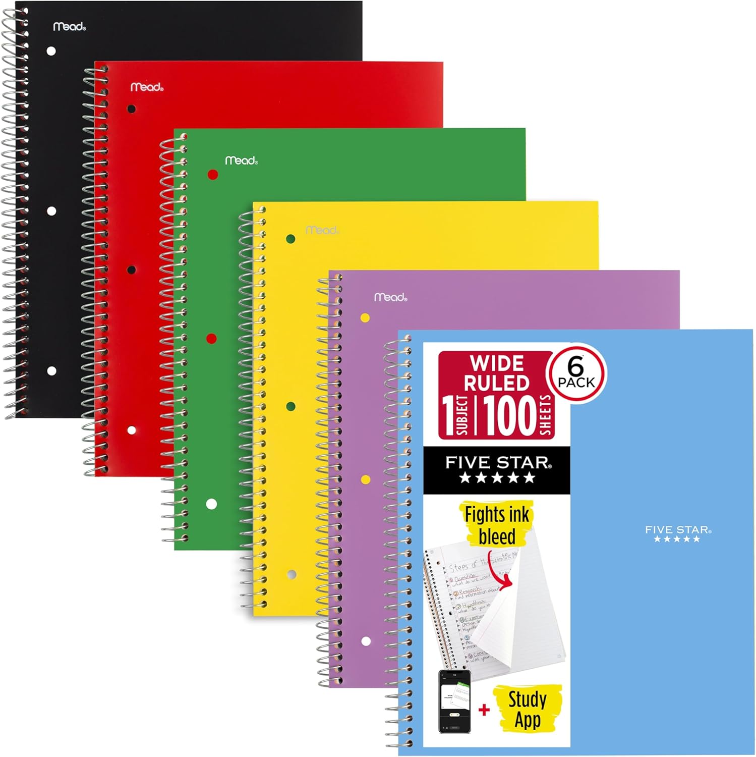 Five-Star-Spiral-Notebook-Study-App-6-Pack-1.jpg Five Star Spiral Notebook + Study App, 6 Pack, 1 Subject, Wide Ruled Paper, 8" x 10-1/2", 100 Sheets, Fights Ink Bleed, Water Resistant Cover, Assorted Colors (38042) - Image 1