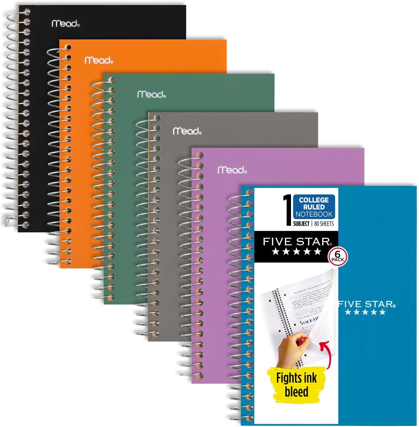 Five-Star-Spiral-Notebooks-6-Pack-1-Subject-College-Ruled.jpg Five Star Spiral Notebooks, 6 Pack, 1 Subject, College Ruled Paper, 7" x 4-3/8", Personal Size, 80 Sheets, Purple, Orange, Green, Blue, Gray, Black (450048A-ECM) - Image 1