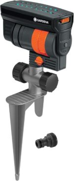 GARDENA 20575 | Up to 2300 sq ft - ZoomMaxx Adjustable Oscillating Sprinkler on Metal Step Spike for Watering Large Area Lawn with US Hose Threads, Yard and Garden. Gardena Quick Connects