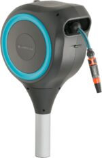 GARDENA Automatic Retractable Garden Hose Reel - 50 Feet - 360 Degree Swivel Outdoor Hose Reel with Metal Spike Base - Auto Retract - UV Resistant Housing - Easy Install No Tools Required - 18604