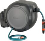 GARDENA Retractable Garden Hose Reel - 100 Feet - Auto Retract Hose Reel with 180° Swivel Wall Mount - Heavy Duty - Integrated Spray Nozzle - 08055