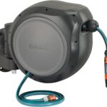 GARDENA Retractable Garden Hose Reel - 100 Feet - Auto Retract Hose Reel with 180° Swivel Wall Mount - Heavy Duty - Integrated Spray Nozzle - 08055