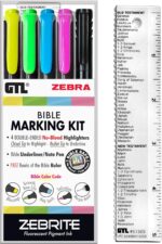 G.T. Luscombe Company, Inc. Zebrite Bible Marking Kit | No Bleed Pigmented Ink | No Fading or Smearing | Double Ended Highlighters, Note Pen & Books of the Bible Ruler/Bookmark (Set of 5 + Ruler)