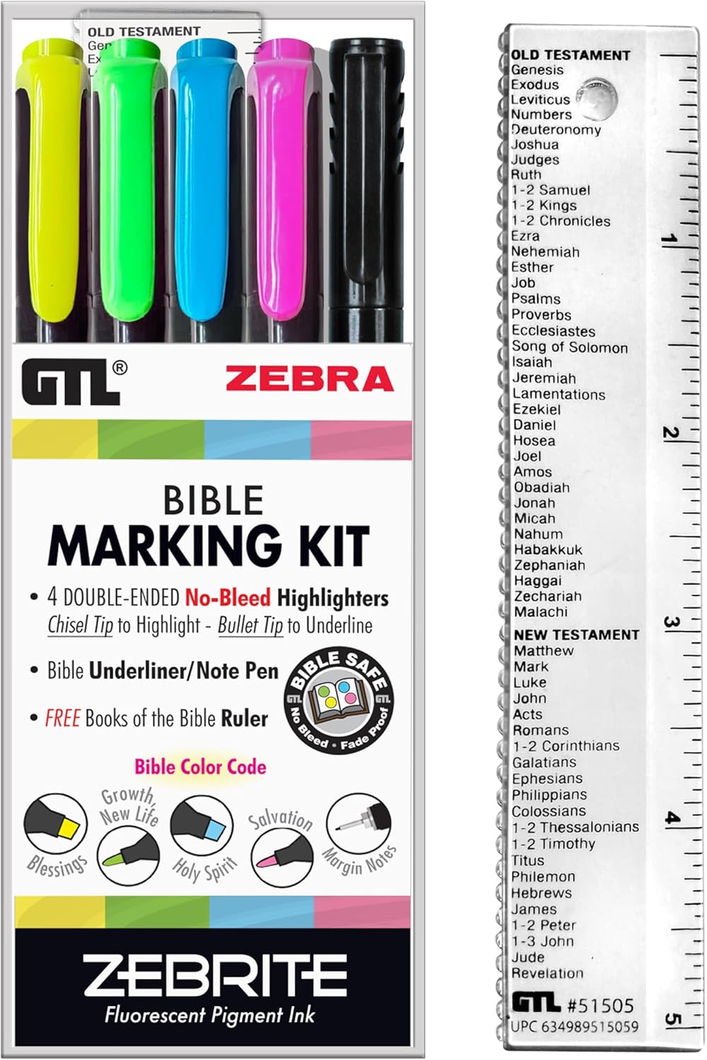 GT-Luscombe-Company-Inc-Zebrite-Bible-Marking-Kit-No.jpg G.T. Luscombe Company, Inc. Zebrite Bible Marking Kit | No Bleed Pigmented Ink | No Fading or Smearing | Double Ended Highlighters, Note Pen & Books of the Bible Ruler/Bookmark (Set of 5 + Ruler) - Image 1