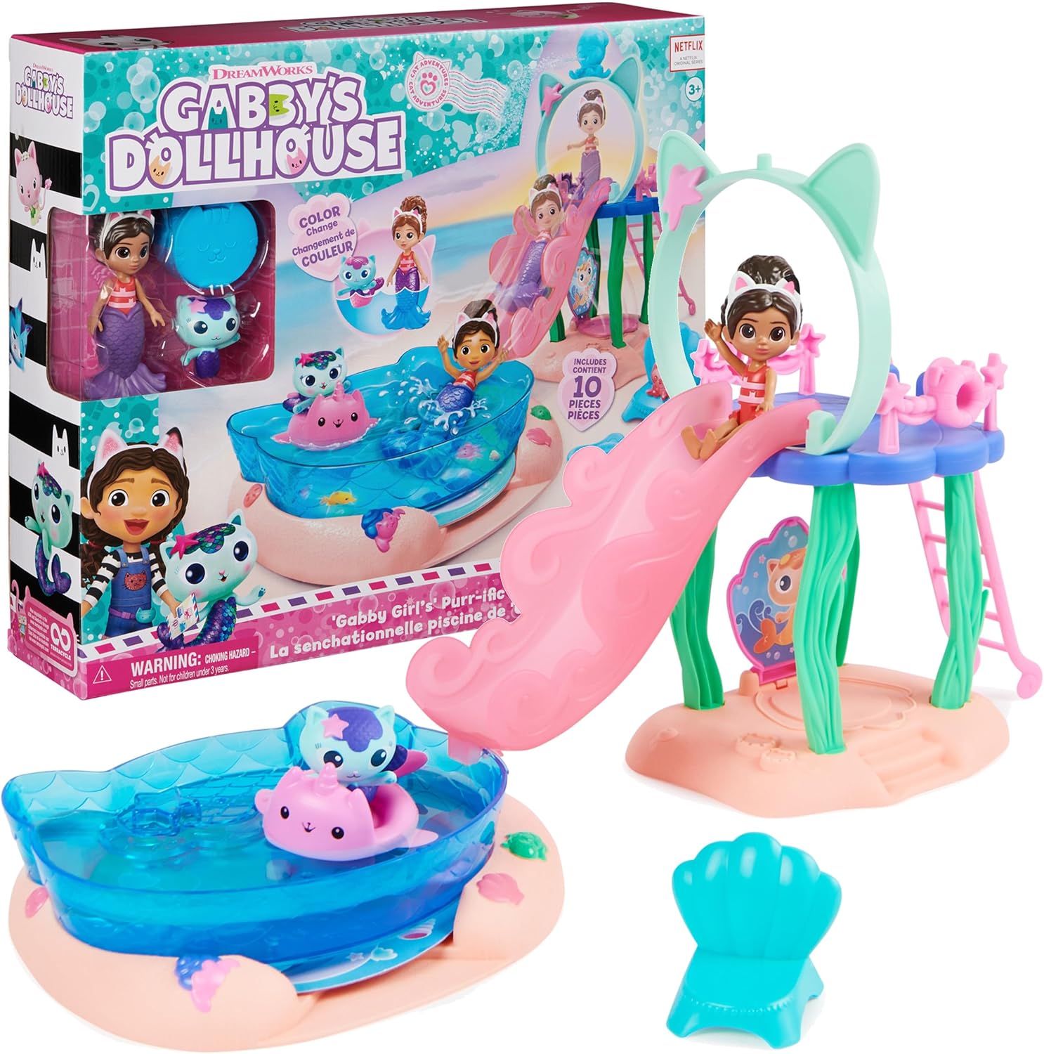 Gabbys-Dollhouse-Purr-ific-Pool-Playset-with-Gabby-and-Mercat-Figures.jpg Gabby's Dollhouse, Purr-ific Pool Playset with Gabby and Mercat Figures, Color-Changing Mermaid Tails and Pool Accessories Kids Toys for Ages 3 and Up - Image 1