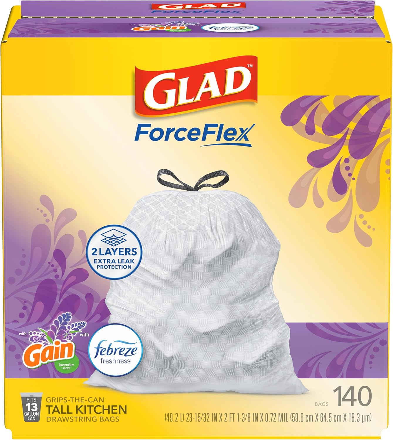 Glad-ForceFlex-Tall-Kitchen-Trash-Bags-13-Gallon-Gain-Lavender.jpg Glad ForceFlex Tall Kitchen Trash Bags, 13 Gallon, Gain Lavender, 140 Count (Package May Vary) - Image 1
