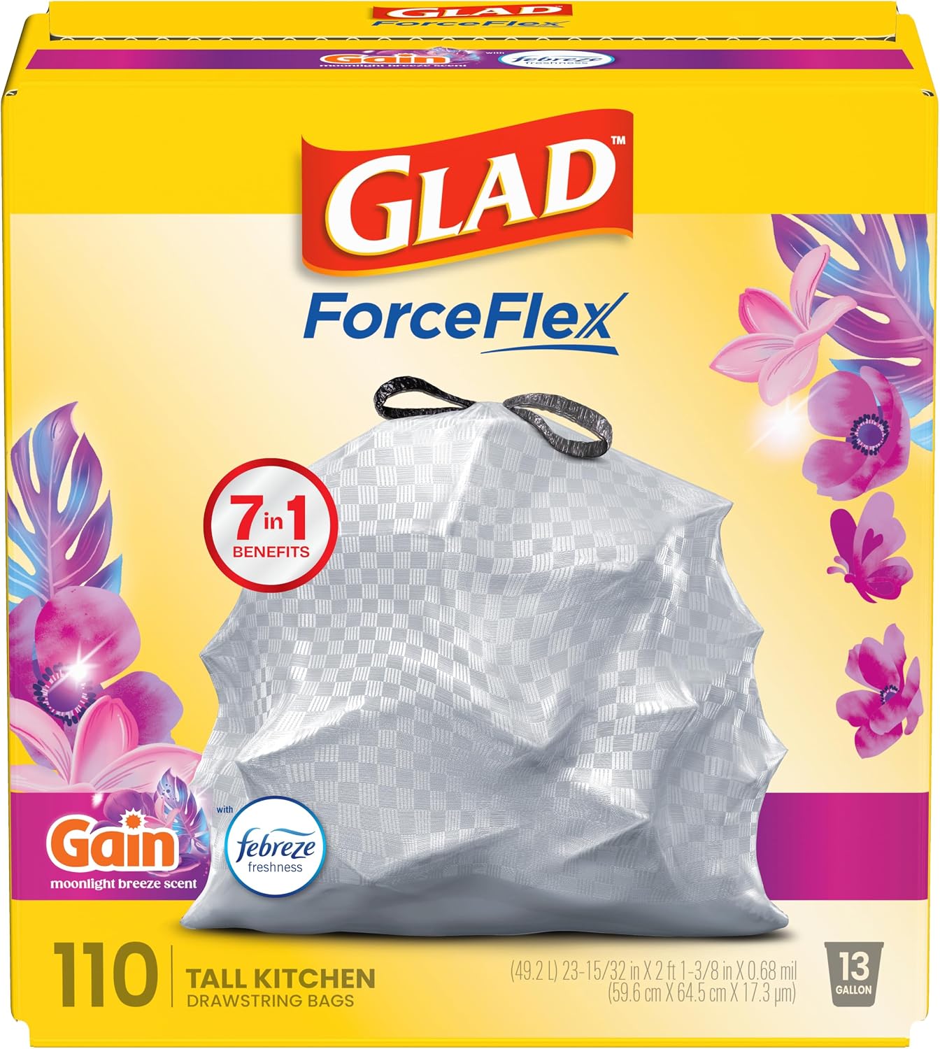 Glad-ForceFlex-Tall-Kitchen-Trash-Bags-13-Gallon-Gain-Moonlight.jpg Glad ForceFlex Tall Kitchen Trash Bags, 13 Gallon, Gain Moonlight Breeze, 110 Ct (Package May Vary) - Image 1