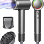 Hair Dryer - 1 Min Fast Drying, High-Speed Blow Dryer with 500 Million Negative Ions, No Heat Damage, Low Noise, Lightweight, Professional Hairdryer with Diffuser & Nozzle for Women, Gunmetal