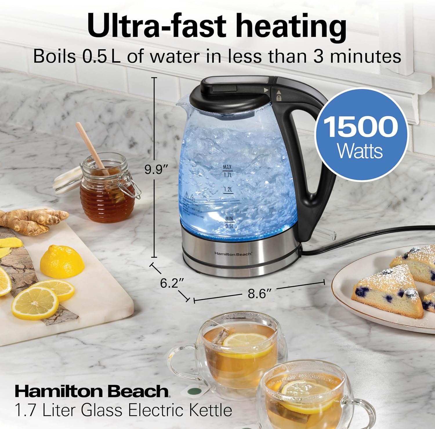 Hamilton Beach 1.7L Electric Kettle, Water Boiler & Heater, LED Indicator, Built-In Mesh Filter, Auto-Shutoff & Boil-Dry Protection, Cordless Serving, Clear Glass (40864) - Image 2