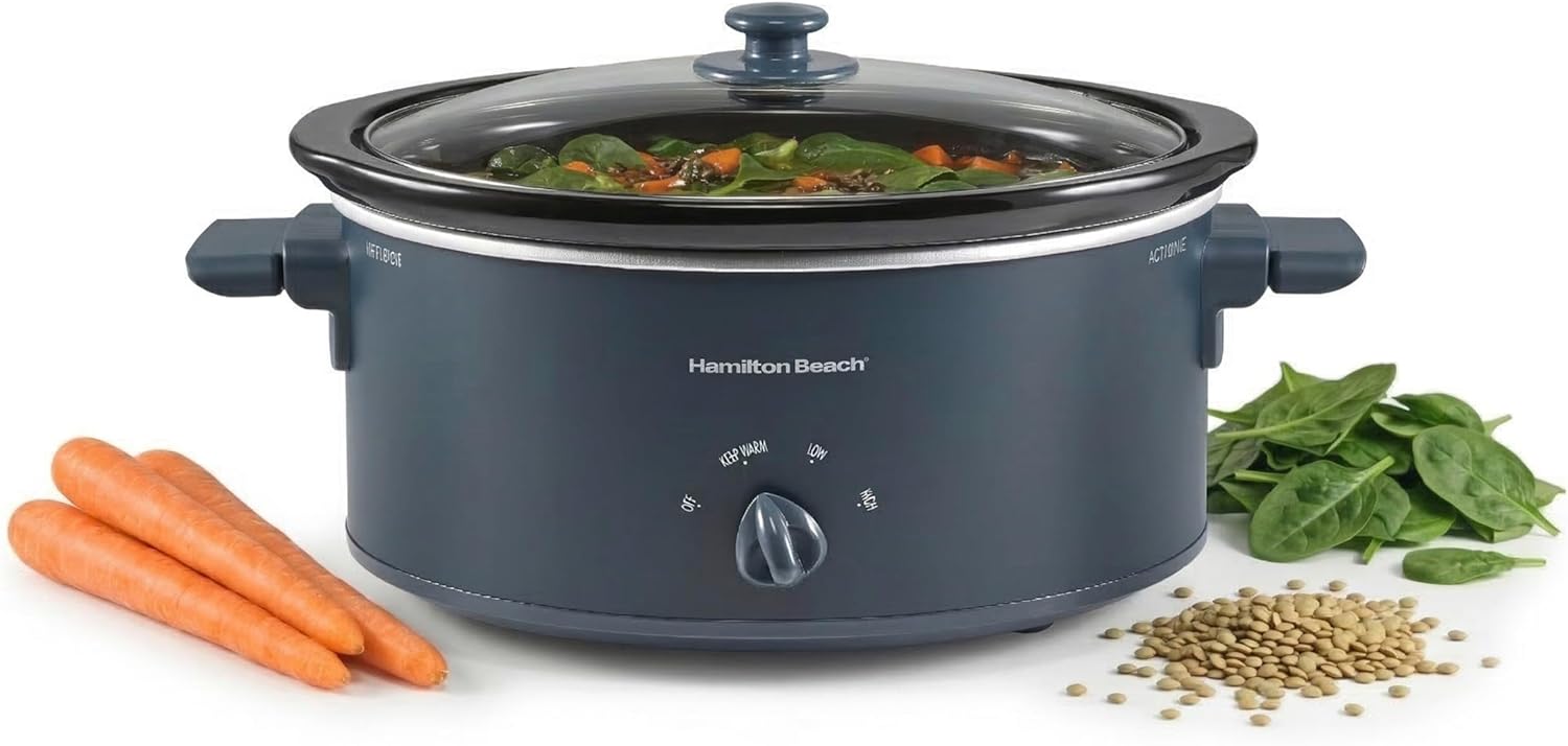 Hamilton-Beach-6-Quart-Slow-Cooker-with-Space-Saving-Folding-Handles.jpg Hamilton Beach 6 Quart Slow Cooker with Space-Saving Folding Handles, 3 Heat Settings, Dishwasher Safe Stoneware Crock and Glass Lid, Kitchen Makeover Blue (33608) - Image 1