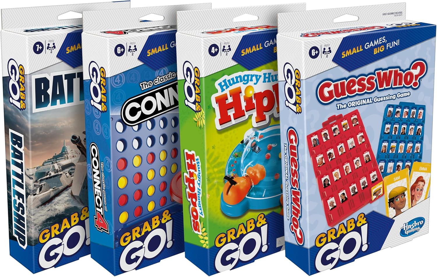 Hasbro-Grab-and-Go-Bundle-4-Pack-Kids-Travel-Board.jpg Hasbro Grab and Go! Bundle (4 Pack), Kids Travel Board Games, Battleship, Connect 4, Guess Who?, Hungry Hungry Hippos Games, 2 Players, Easter Gift for Kids, Ages 7+ - Image 1