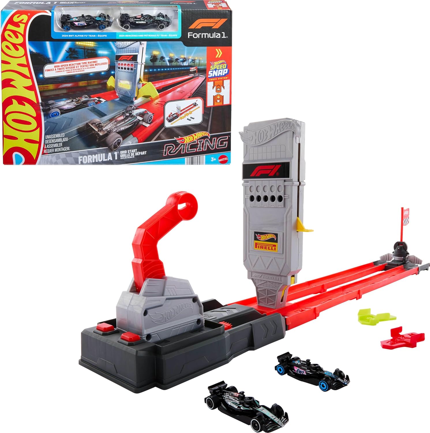 Hot-Wheels-Racing-Formula-1-Toy-Car-Track-Set-Race.jpg Hot Wheels Racing Formula 1 Toy Car Track Set, Race the 2 1:64 Scale Die-Cast Officially Licensed F1 Vehicles on Side-By-Side Track, Grid Start - Image 1