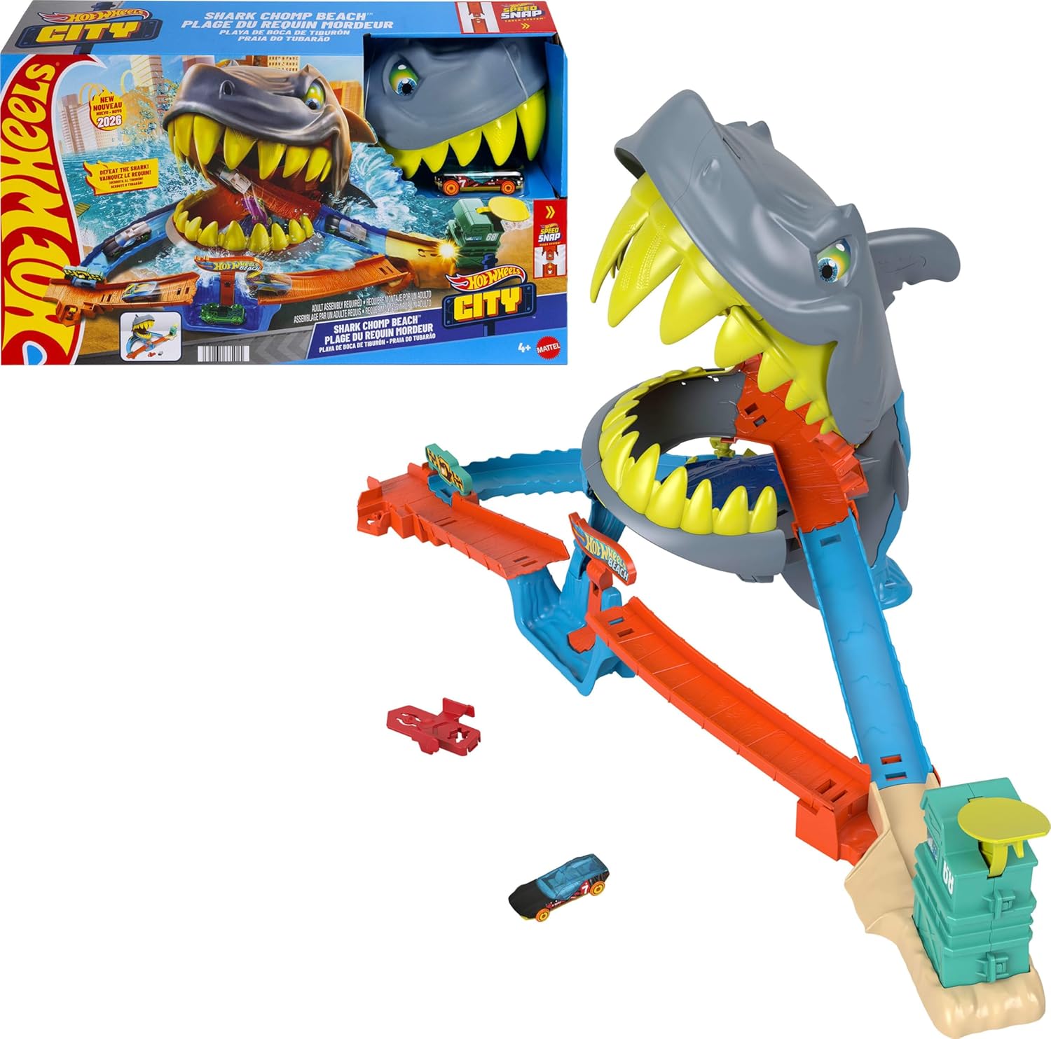 Hot-Wheels-Toy-Car-Track-Set-City-Shark-Chomp-Beach.jpg Hot Wheels Toy Car Track Set, City Shark Chomp Beach Playset with 1:64 Scale Die-Cast Vehicle. 2 Ways to Play, Knock Out the Shark or Get Eaten - Image 1