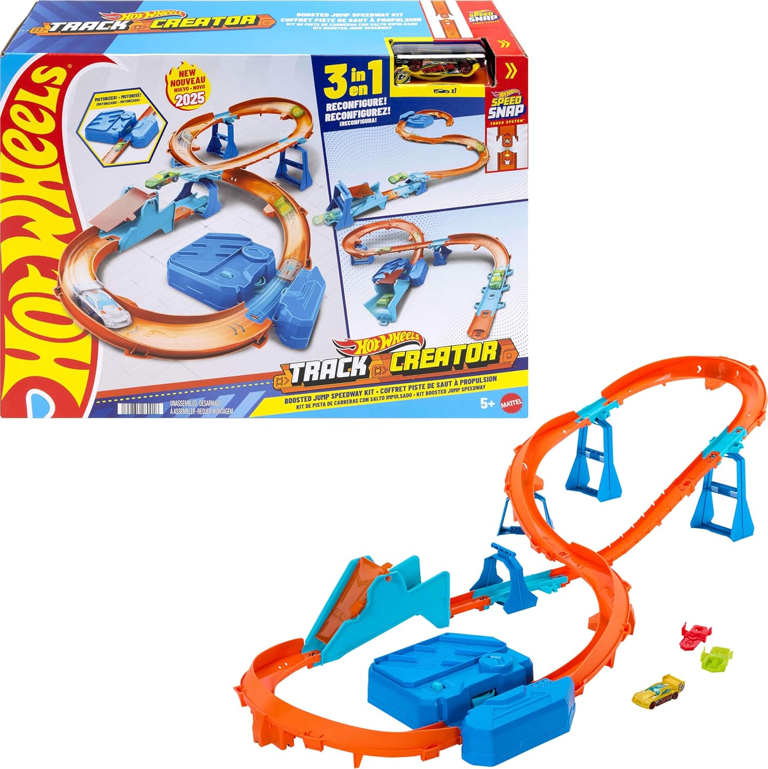 Hot-Wheels-Toy-Car-Track-Set-Deluxe-Building-Box-with.jpg Hot Wheels Toy Car Track Set, Deluxe Building Box with Motorized Booster, 1:64 Scale Vehicle, Speed Snap Track, Boosted Jump Speedway - Image 1