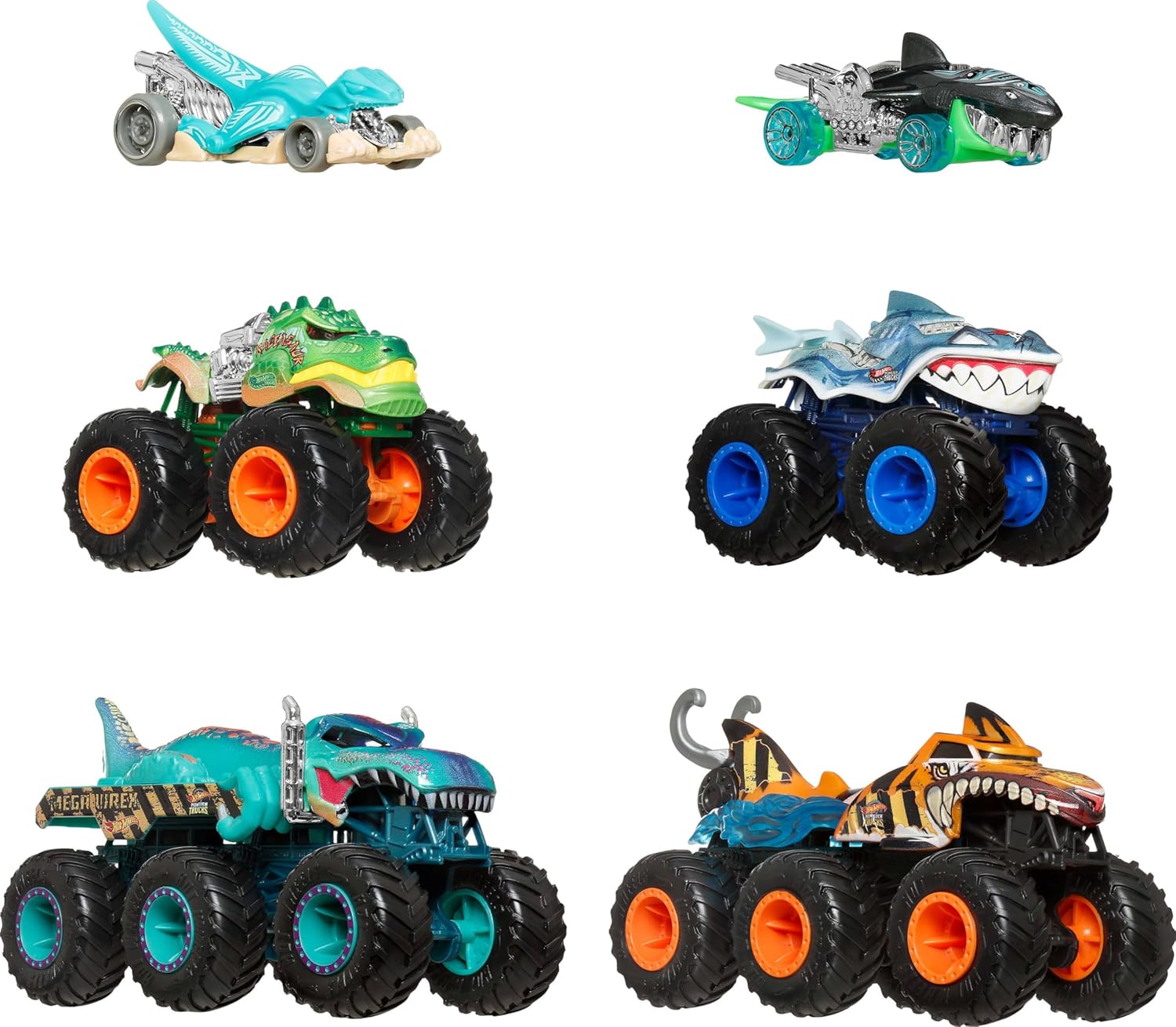 Hot-Wheels-Toy-Cars-Monster-Trucks-Sharks-vs-Dinos.jpg Hot Wheels Toy Cars & Monster Trucks, Sharks vs. Dinos Multipack with 8 Total Vehicles, Including Big Rigs, 1:64 Scale Monster Trucks & 1:64 Scale Hot Wheels Vehicles - Image 1