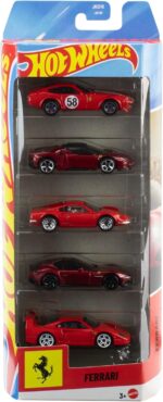 Hot Wheels Toy Ferrari Cars, Die-Cast 5-Pack in 1:64 Scale, Officially Licensed Set of 5 Ferrari Collectible Vehicles for Play or Display