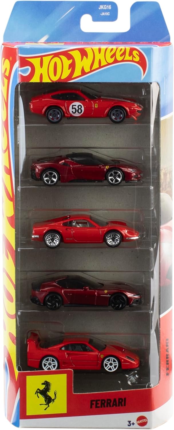 Hot-Wheels-Toy-Ferrari-Cars-Die-Cast-5-Pack-in-164-Scale.jpg Hot Wheels Toy Ferrari Cars, Die-Cast 5-Pack in 1:64 Scale, Officially Licensed Set of 5 Ferrari Collectible Vehicles for Play or Display - Image 1