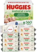 Huggies Natural Care Sensitive Baby Wipes, Unscented, Hypoallergenic, 99% Purified Water, 10 Flip-Top Packs (560 Wipes Total)