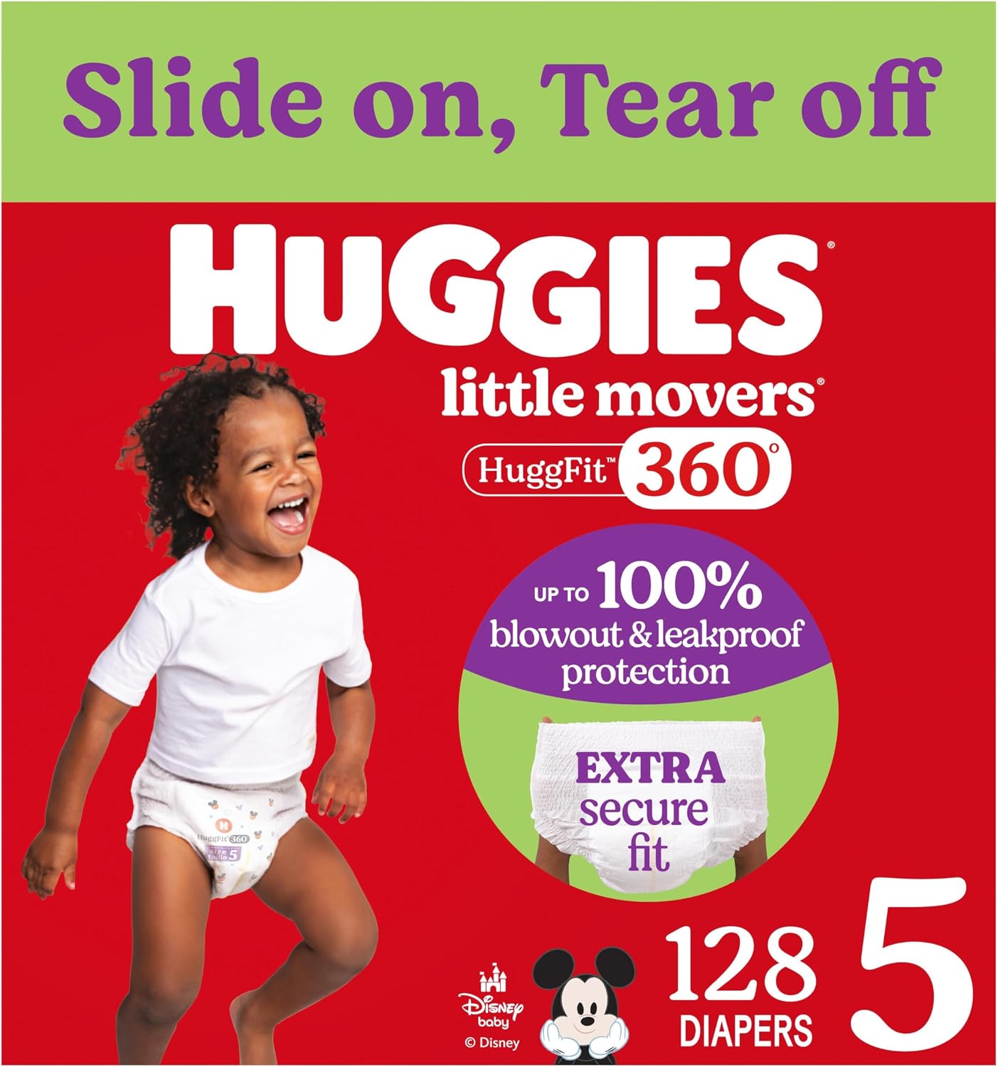 Huggies-Size-5-Baby-Diapers-Little-Movers-HuggFit-360°-Baby.jpg Huggies Size 5 Baby Diapers, Little Movers HuggFit 360° Baby Diapers with 360° Waistband, Size 5 (27+ lbs), 128 Count (2 Packs of 64), Packaging May Vary - Image 1