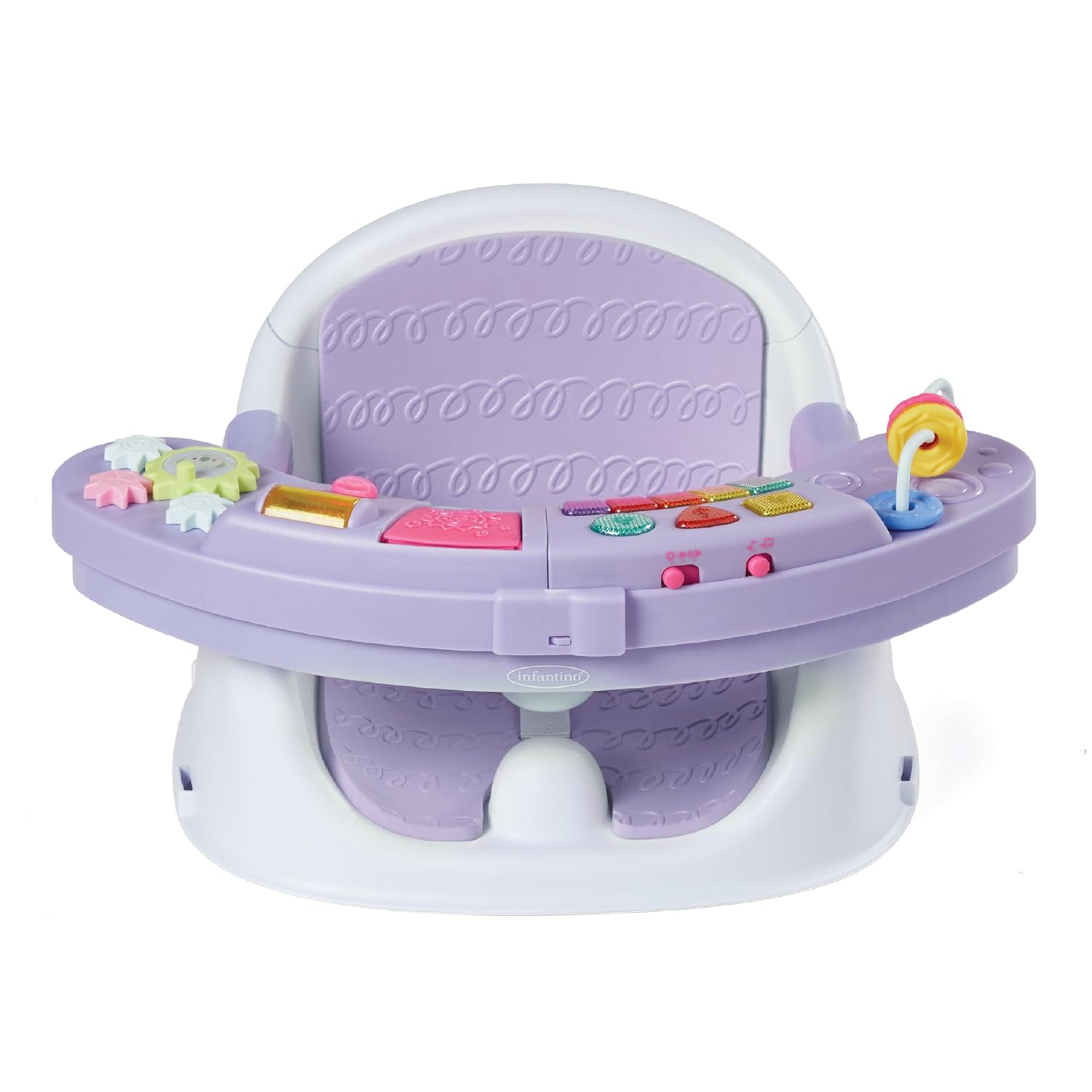 Infantino-Music-Lights-3-in-1-Discovery-Seat-Booster-Lavender.jpg Infantino Music & Lights 3-in-1 Discovery Seat & Booster, Lavender | 20 sounds & songs, Converts from infant seat to booster, Fits dining or kitchen chairs, Includes removable snack tray - Image 1