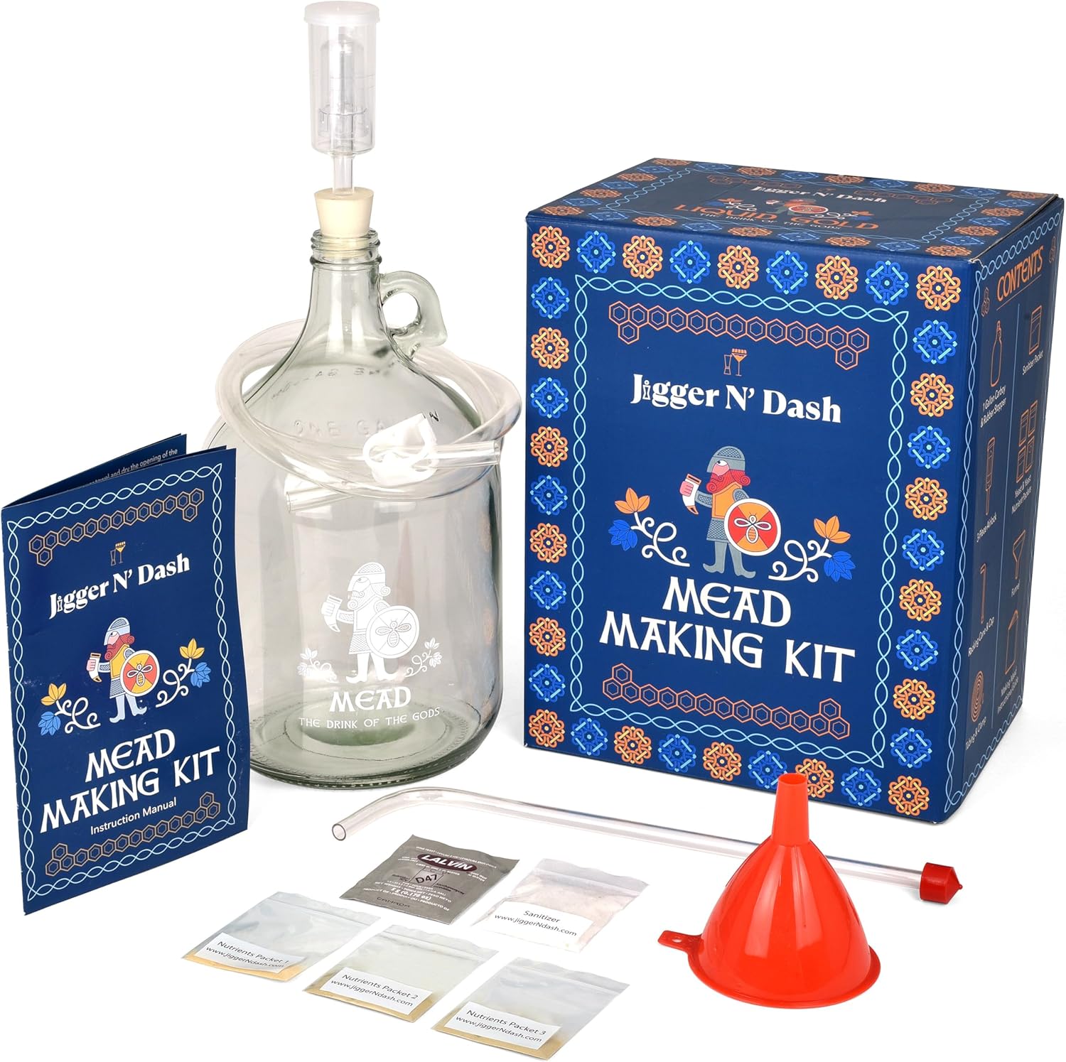 Jigger-N-Dash-Mead-Making-Kit-Reusable-Do-It-Yourself-Honey.jpg Jigger N' Dash Mead Making Kit - Reusable Do-It-Yourself Honey Mead Making Kit - Mead Kit Complete - All the Mead Supplies You Need Makes 1 Gallon of Mead – Mead Brewing Kit Home Brewing Starter Sets - Image 1