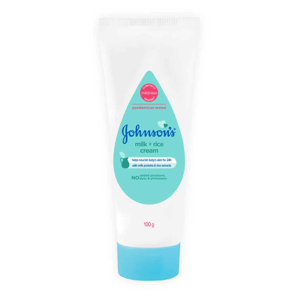 Johnsons-Baby-Milk-and-Rice-Cream-100g.jpg Johnson's Baby Milk and Rice Cream, 100g - Image 1