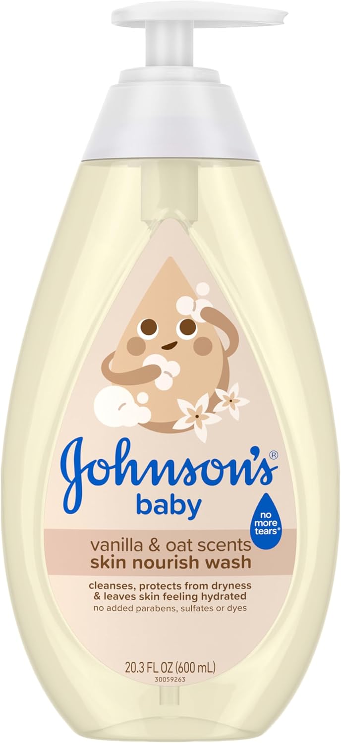 Johnsons-Skin-Nourishing-Moisture-Baby-Wash-Vanilla-Oat-Scents.jpg Johnson's Skin Nourishing Moisture Baby Wash, Vanilla & Oat Scents, Tear-Free, Hypoallergenic Baby Body Wash Cleanses, Protects from Dryness, & Leaves Skin Feeling Hydrated, 20.3 fl. oz - Image 1