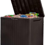 Keter City 30 Gallon Resin Outdoor Storage Box and Patio Furniture Side Table for Pool and Garden Accessories, Brown
