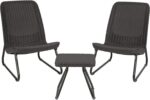 Keter Rio 3 Piece Resin Wicker Patio Furniture Set with Side Table and Outdoor Chairs for Front Porch and Backyard Decor, Dark Grey